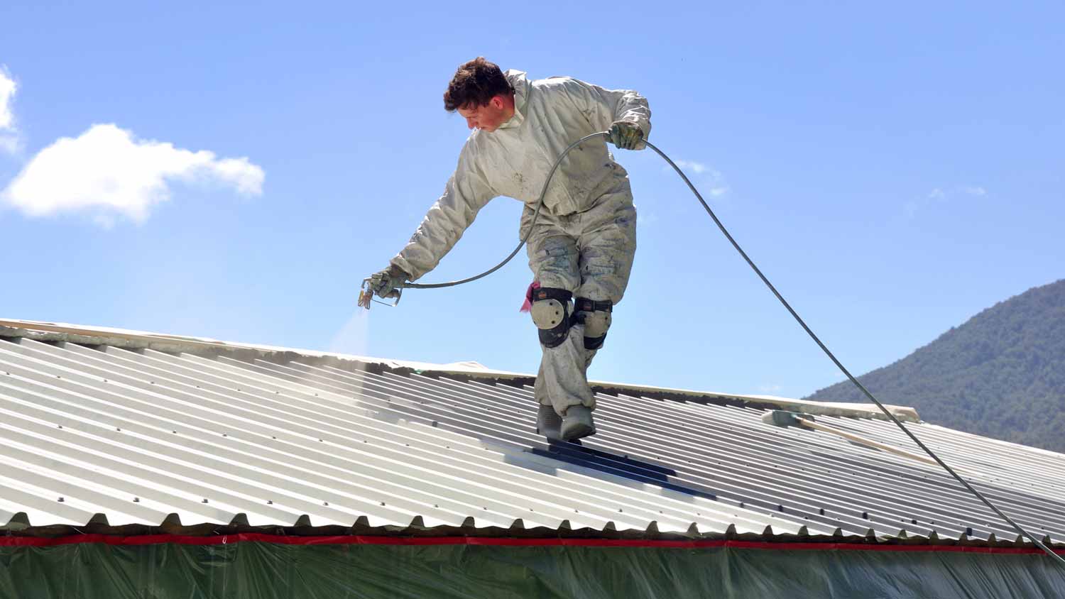 A professional in uniform painting a metal roof
