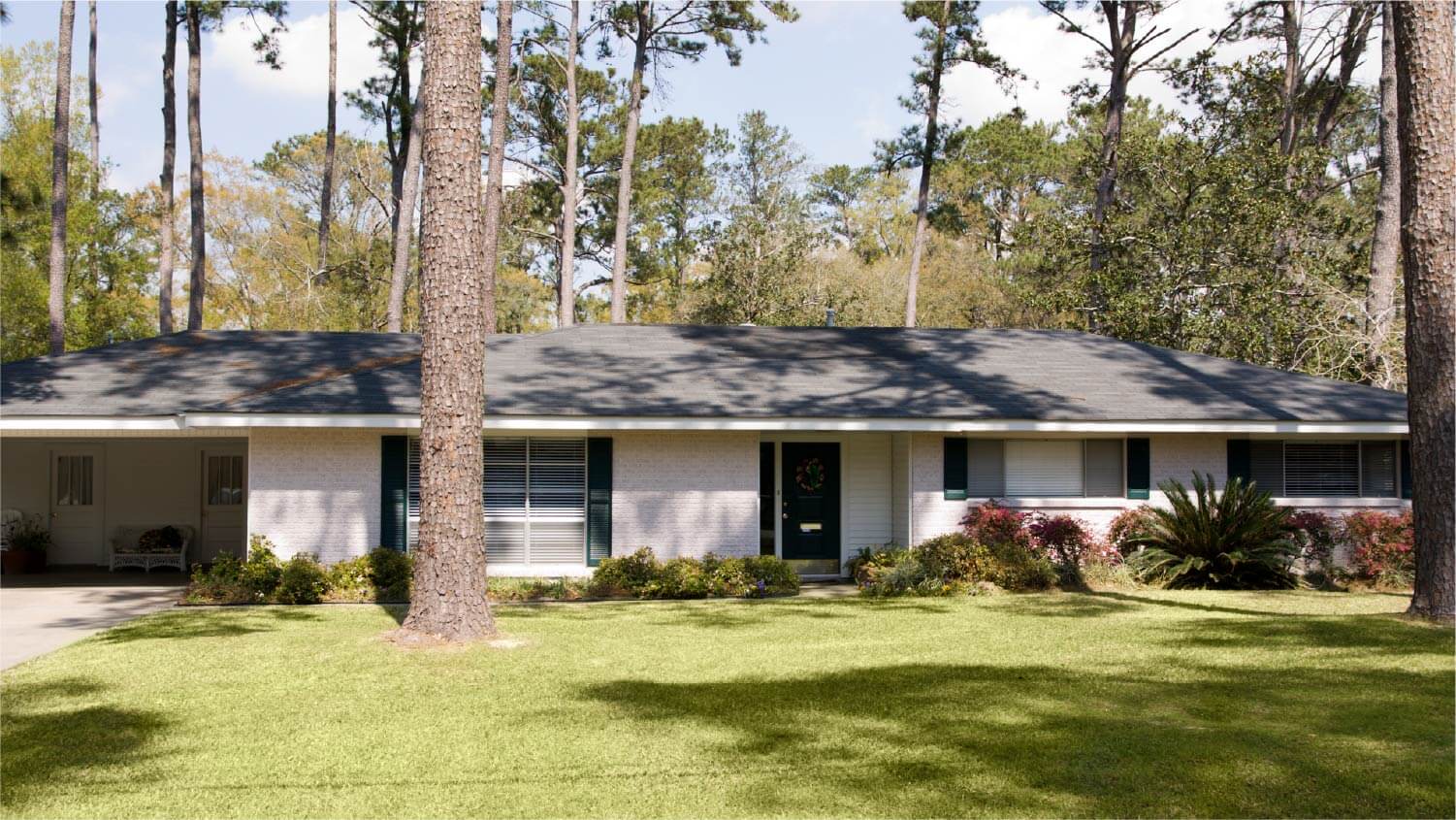 ranch-style home with large trees