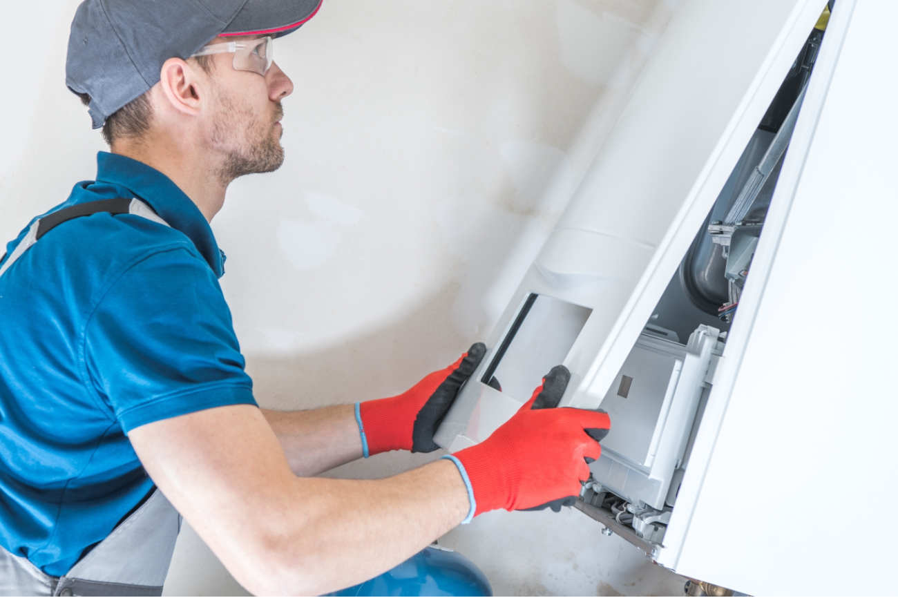 Professional checking a furnace after moving it
