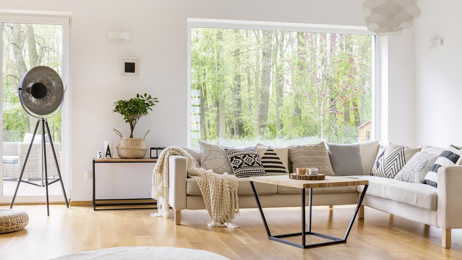 A contemporary living room with laminate flooring