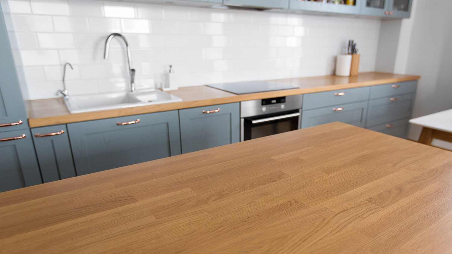 Closeup of butcher block counters