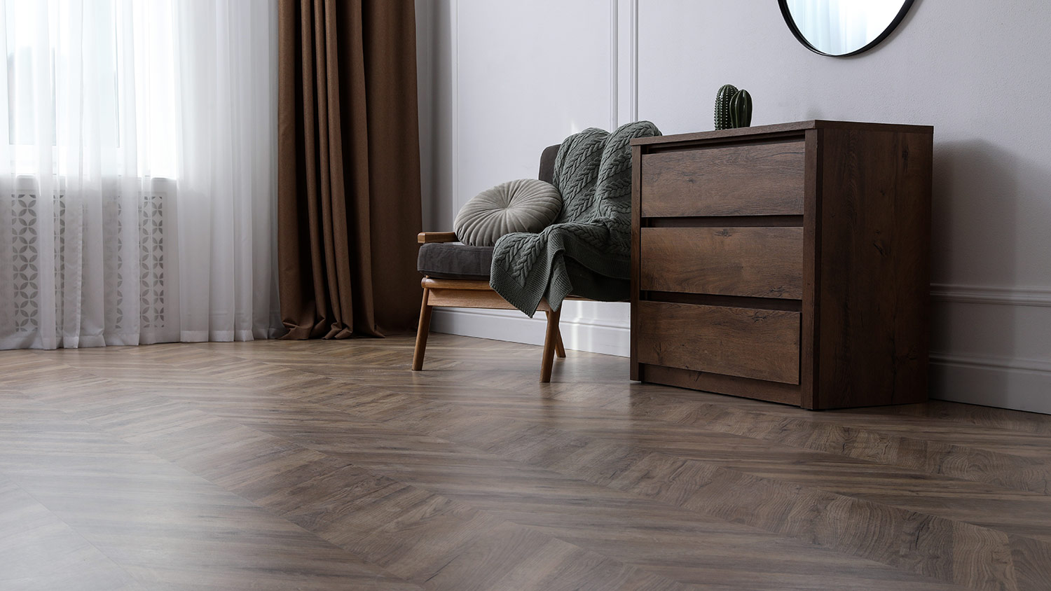 Living room with parquet flooring and stylish furniture
