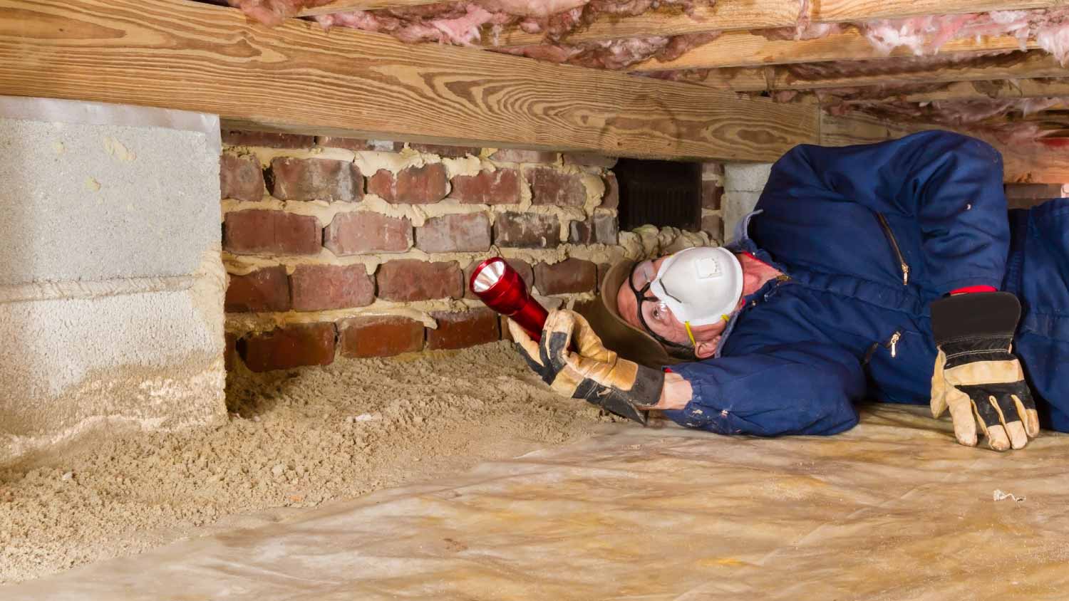 Worker inspecting crawl space