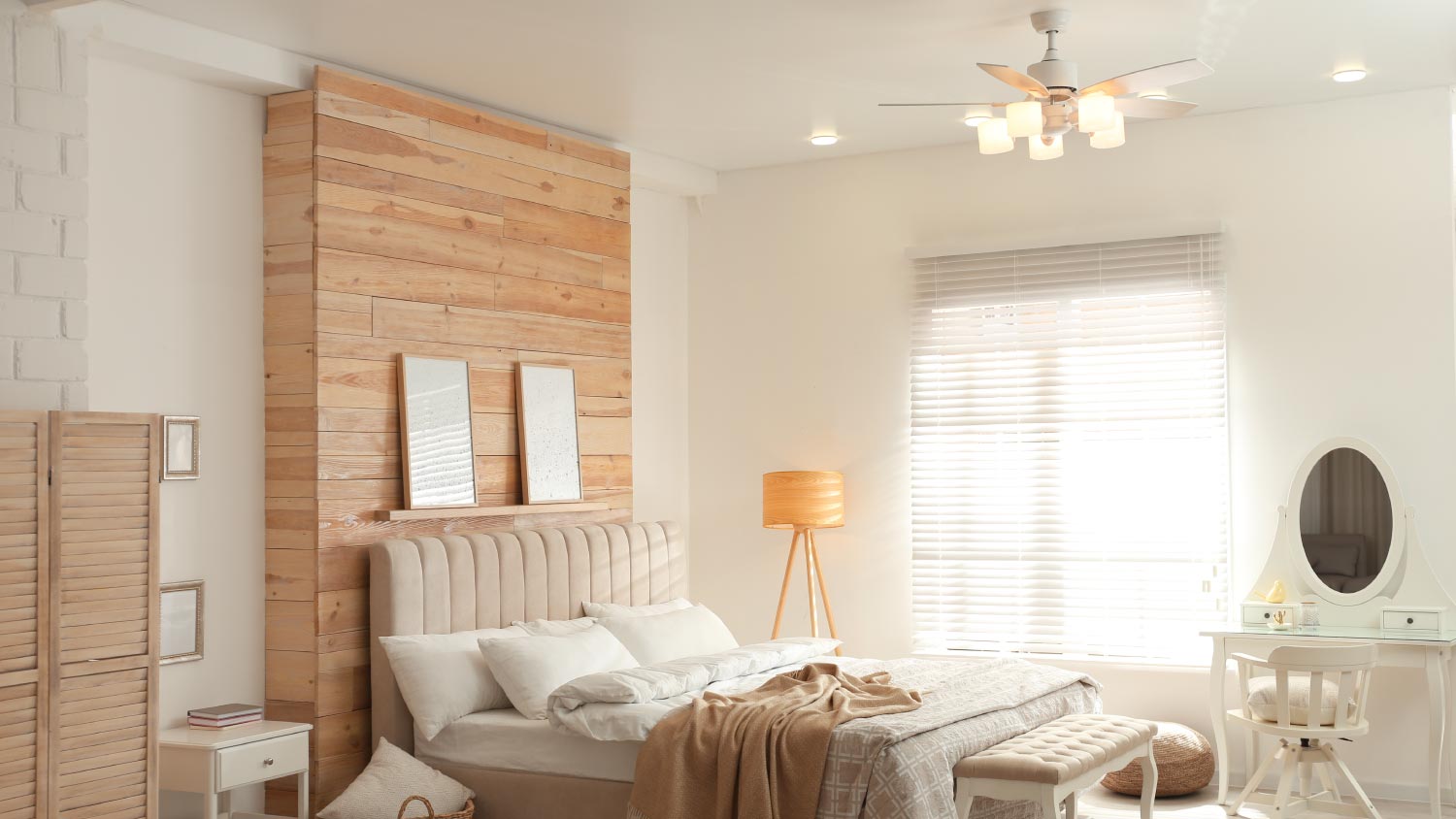 Bedroom interior with modern ceiling fan