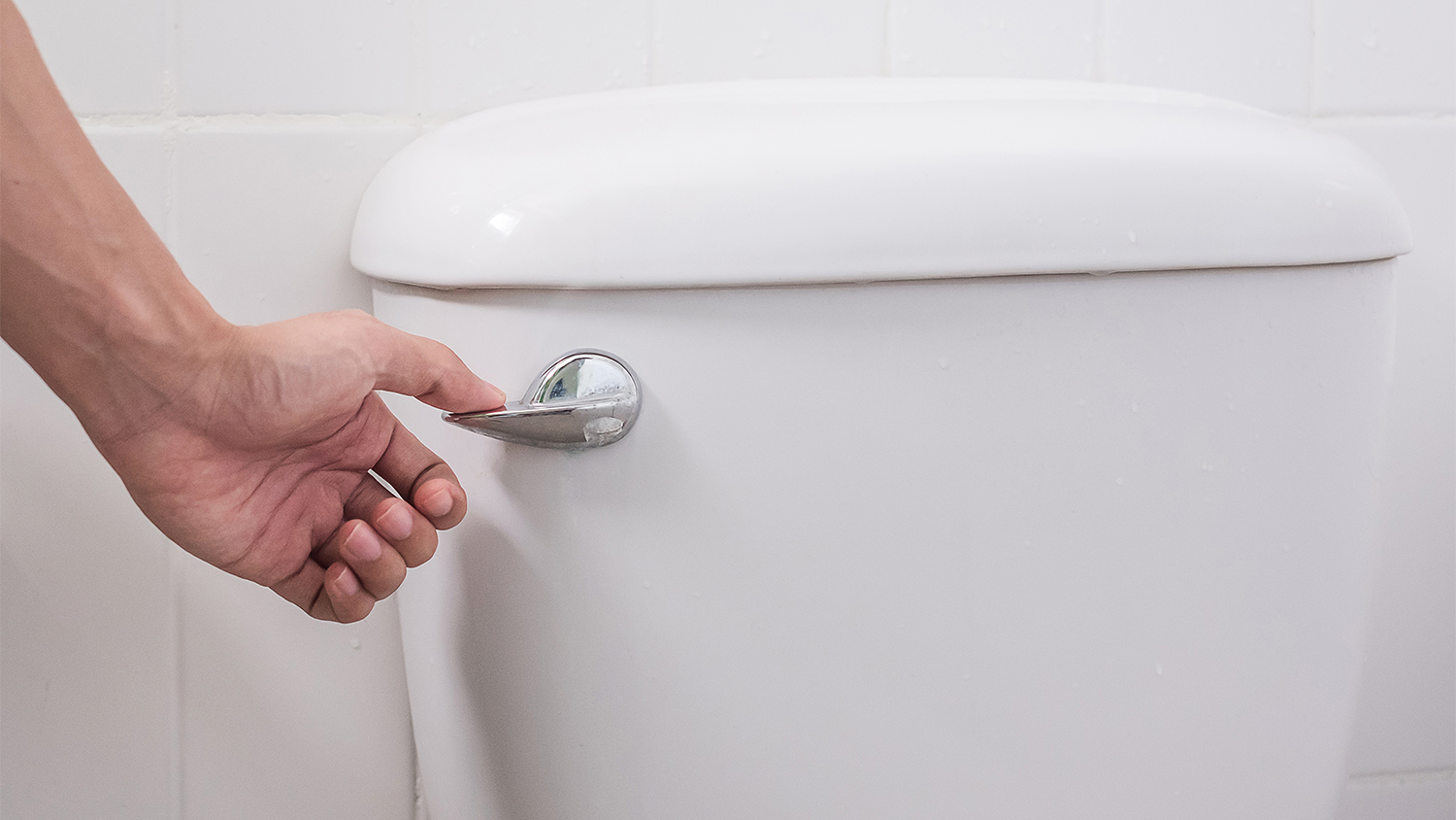 person holding handle to flush toilet