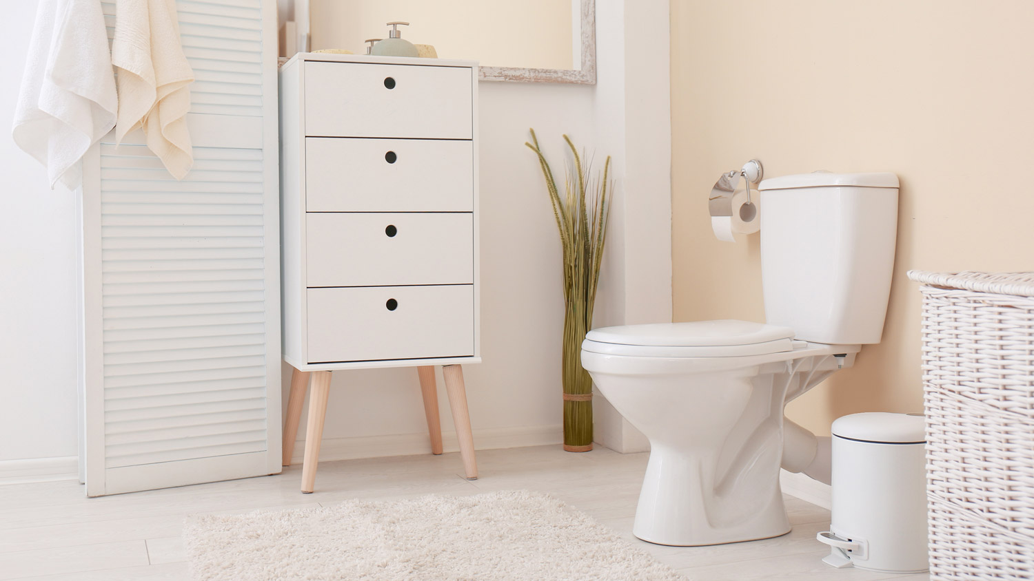 A white toilet bowl in a bright bathroom