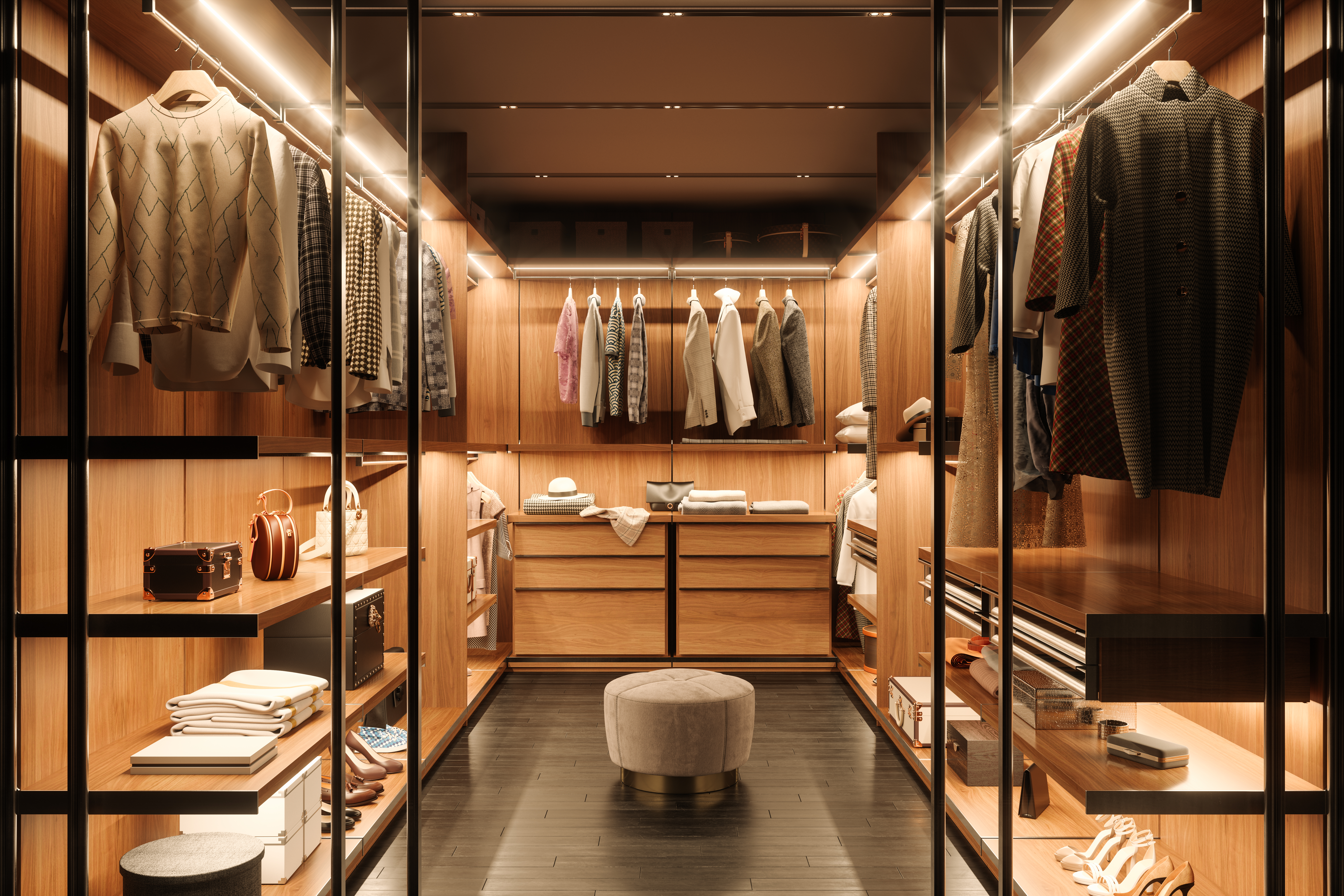 A walk-in closet with women clothes 