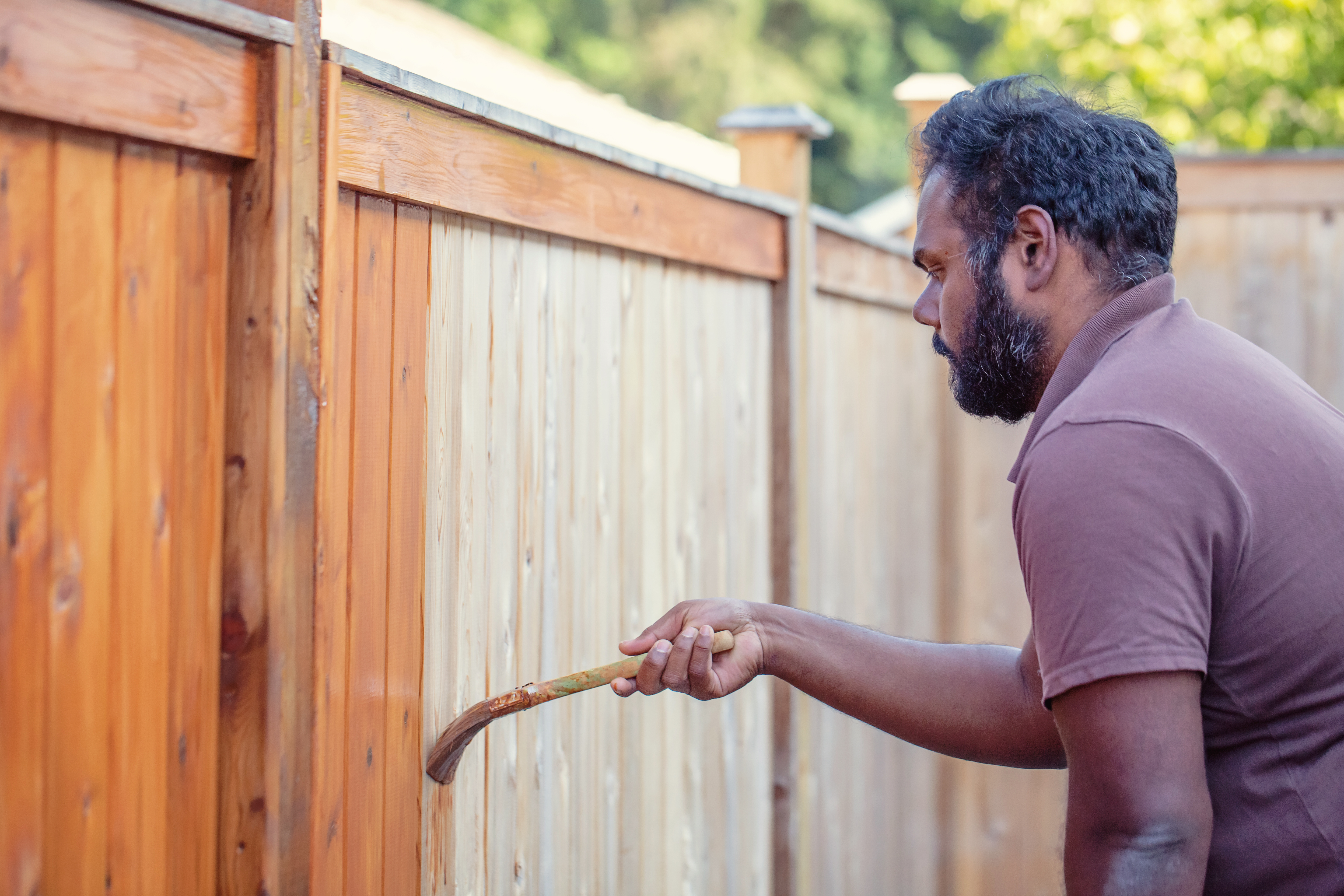 A man staining a fence with a brush