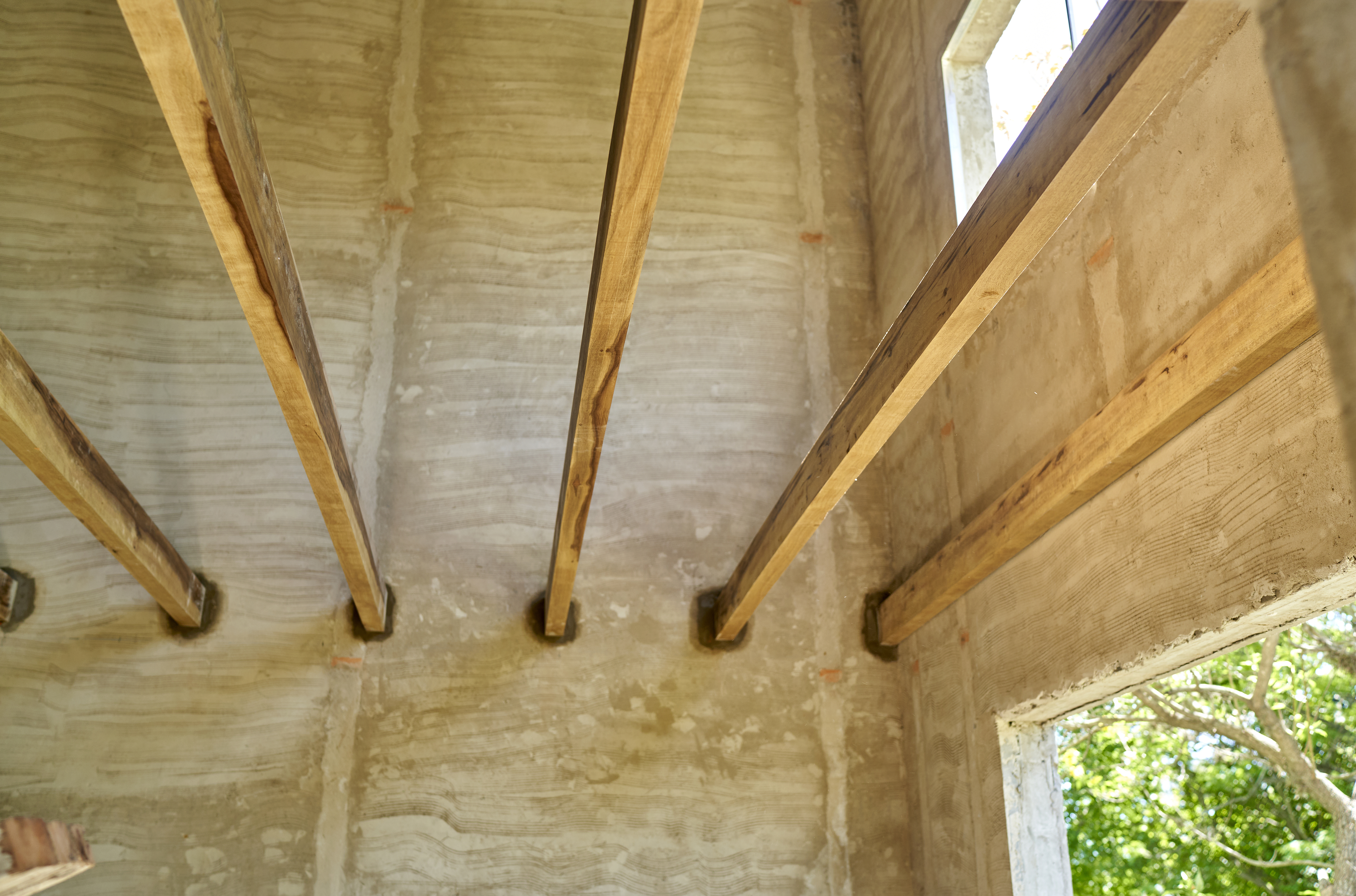 Work In Progress In Empty Room, Wooden Beams Pile 