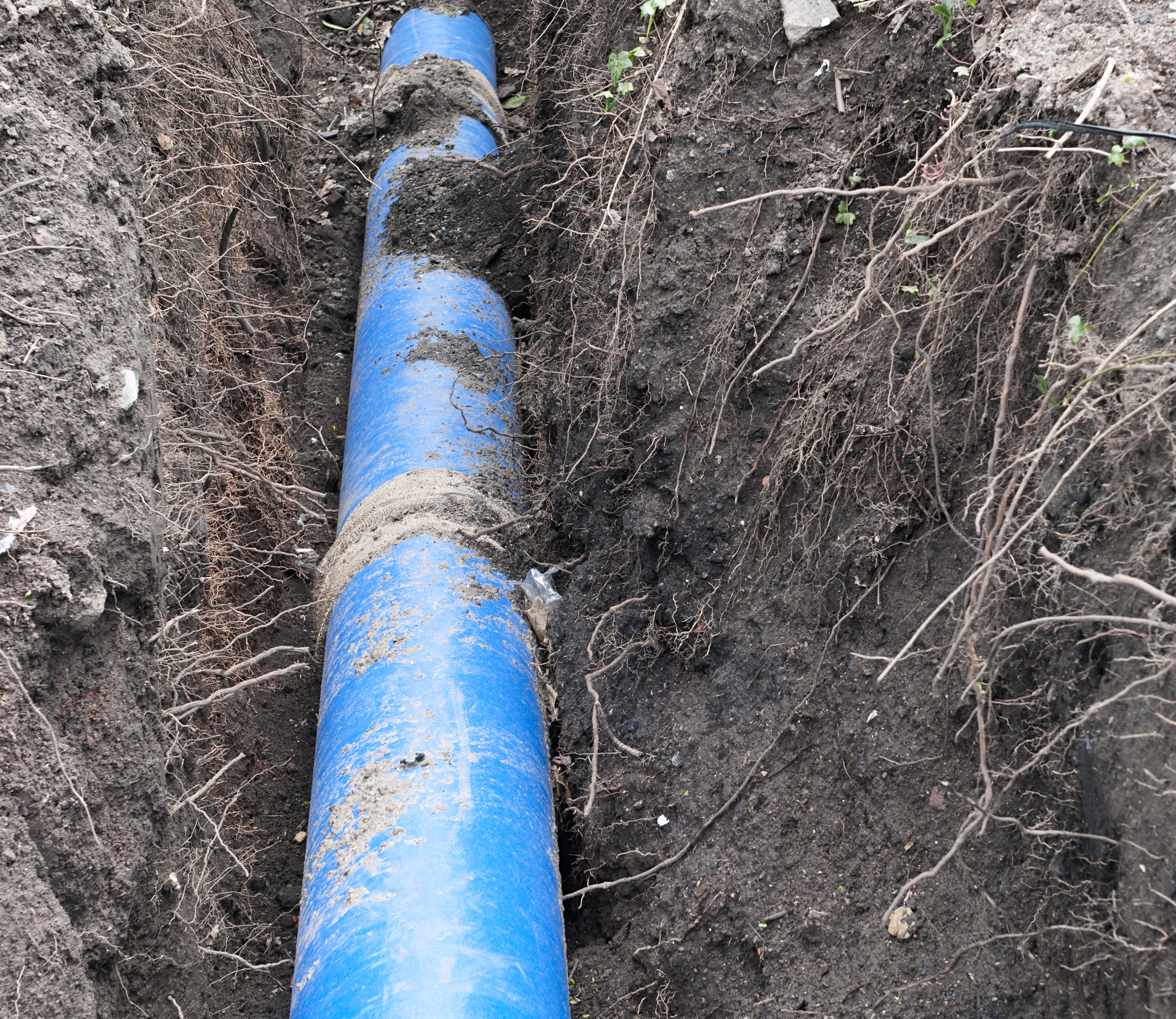 Main water line installed in a trench