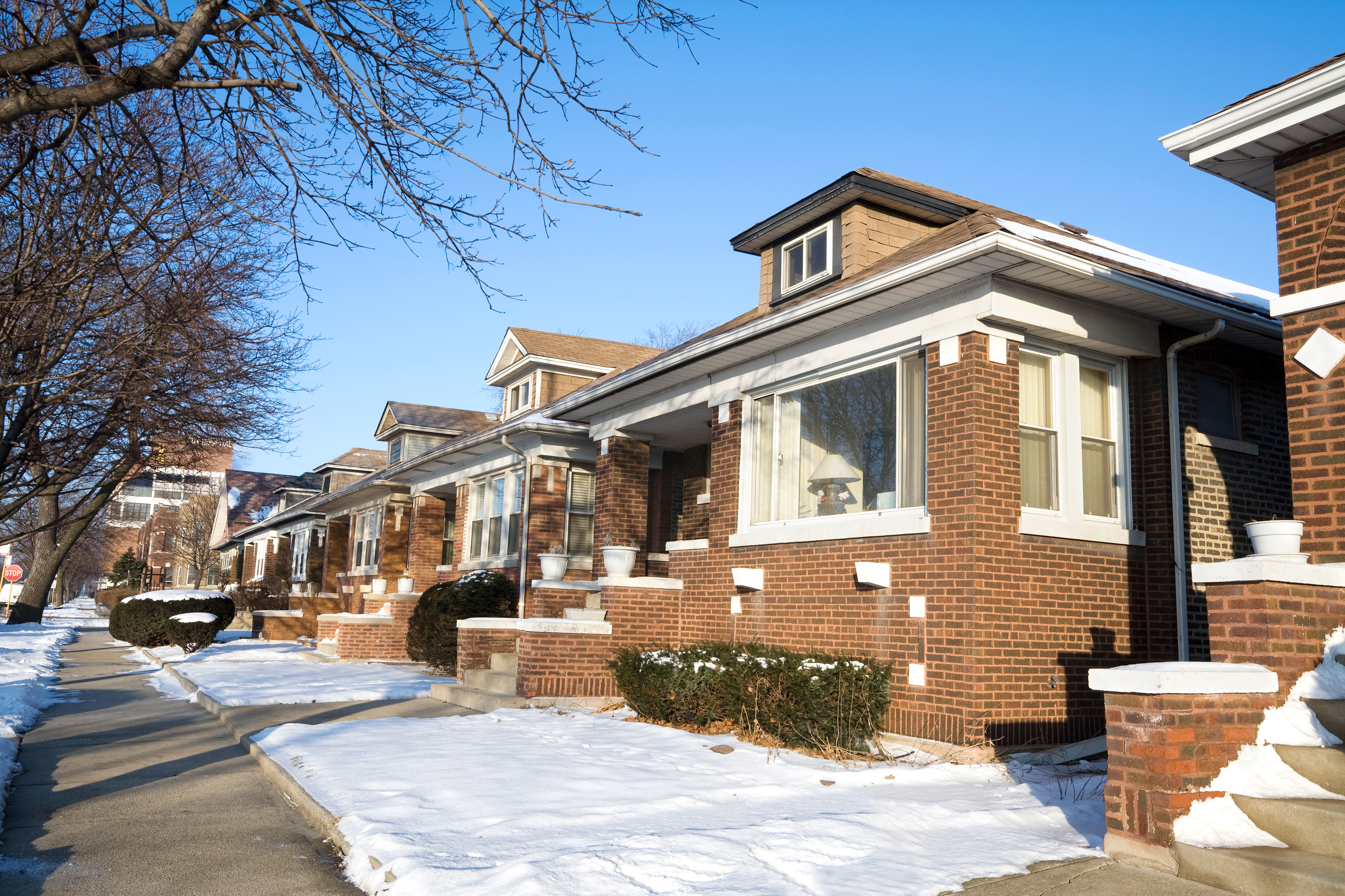 Row of bungalows in Chicago during the winter