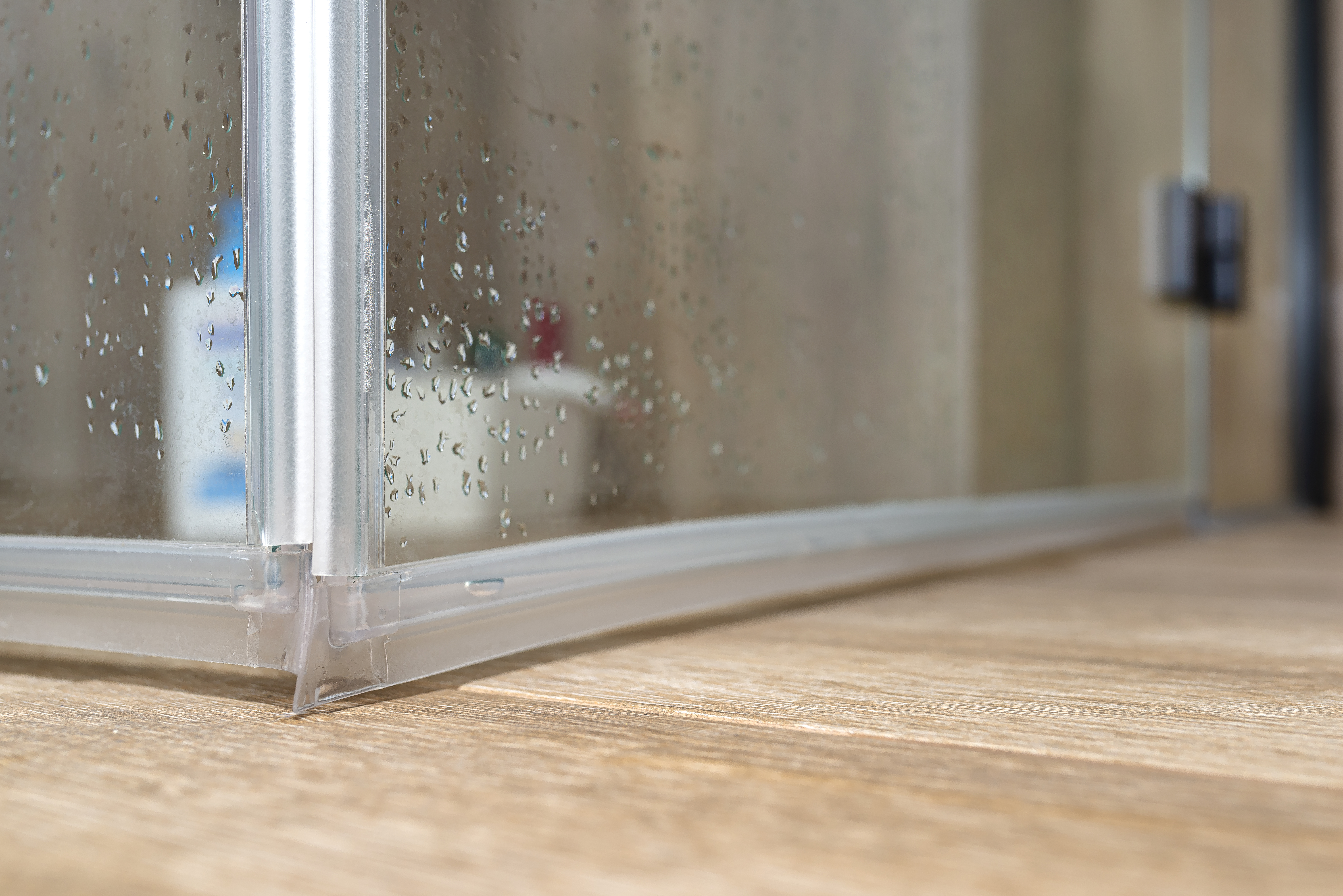 Seals in the lower part of the thresholdless shower enclosure, visible door corner