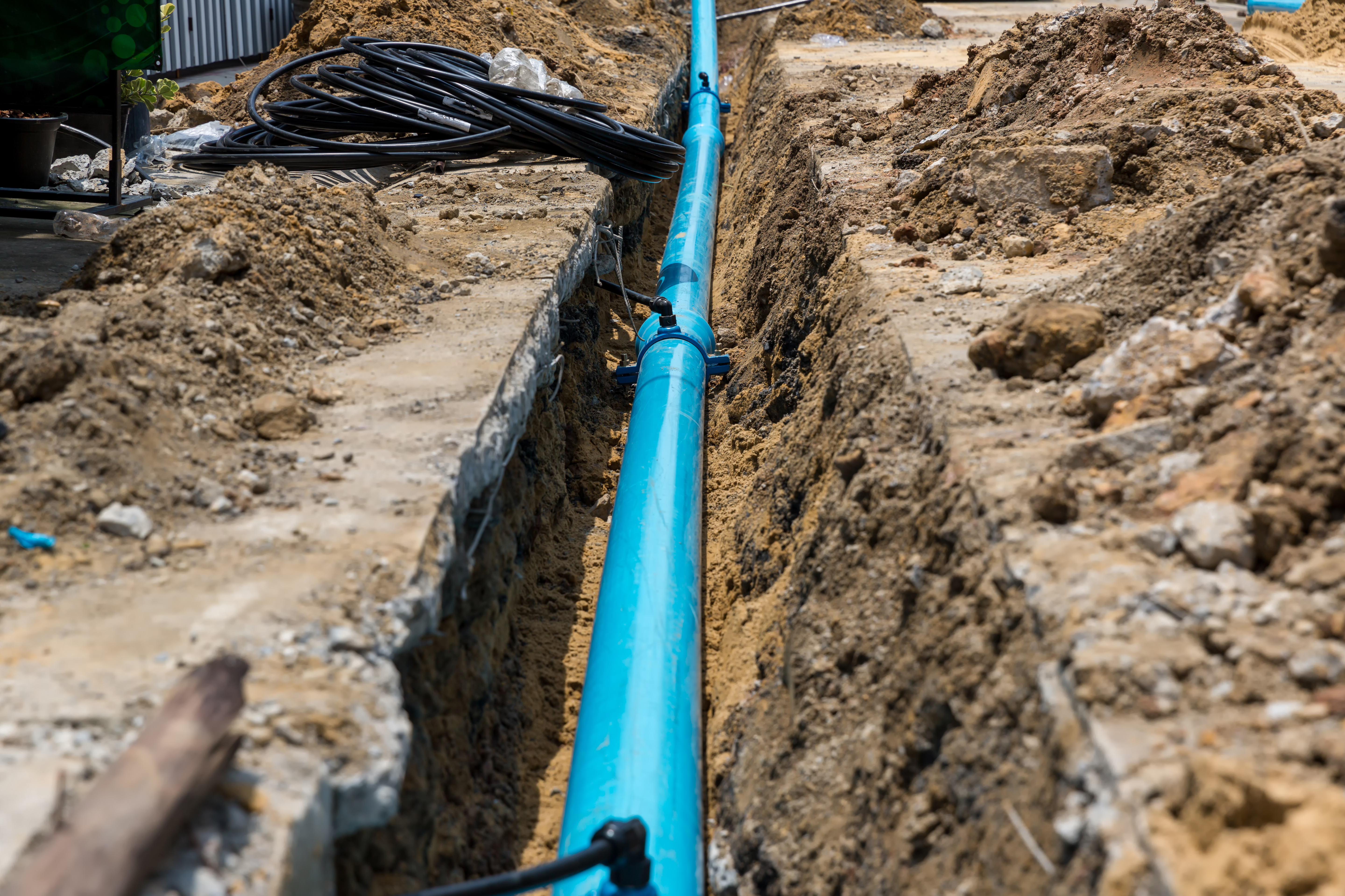 Construction site with new Water Pipes in the ground