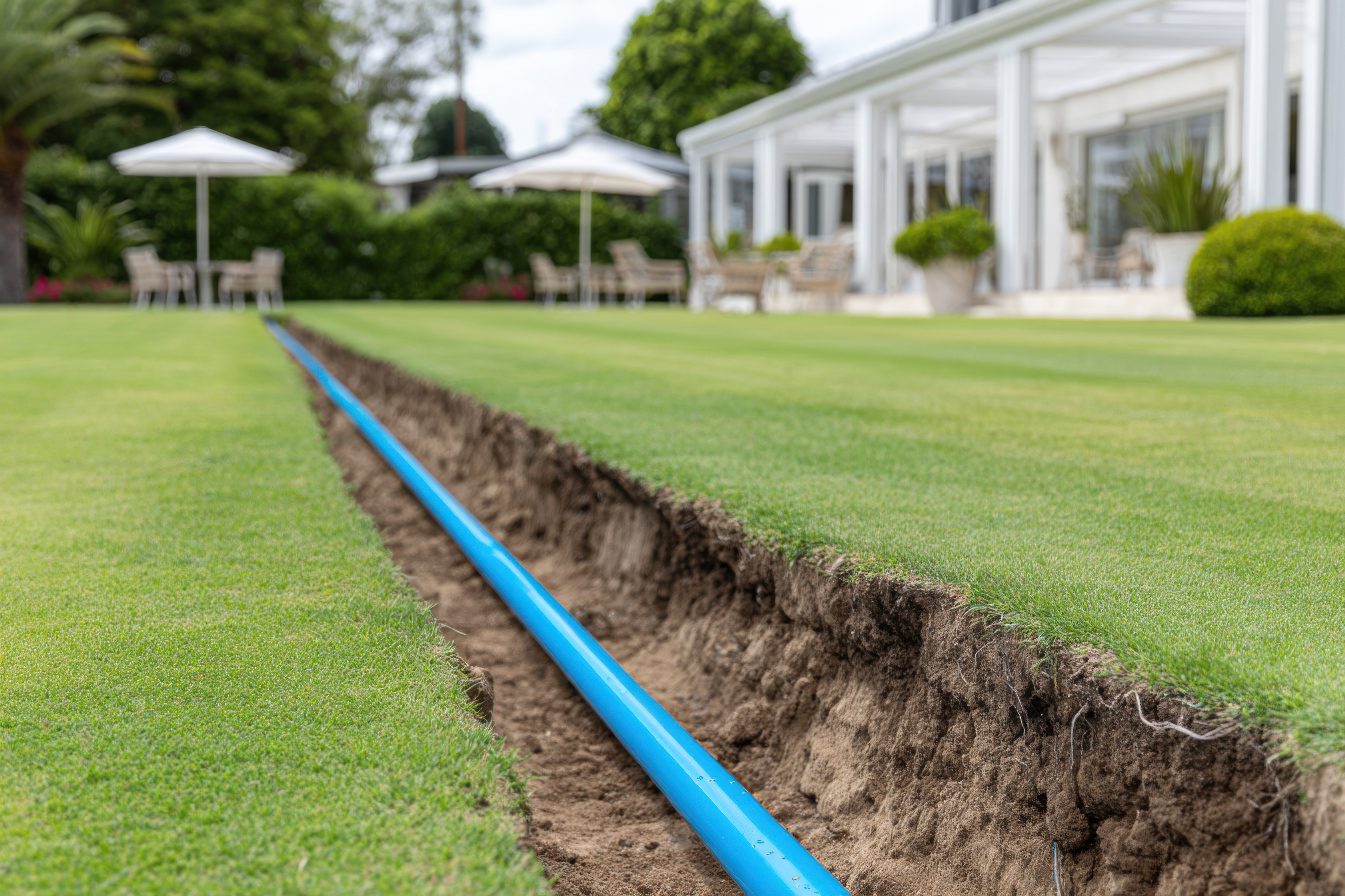 pipe in trench across lawn