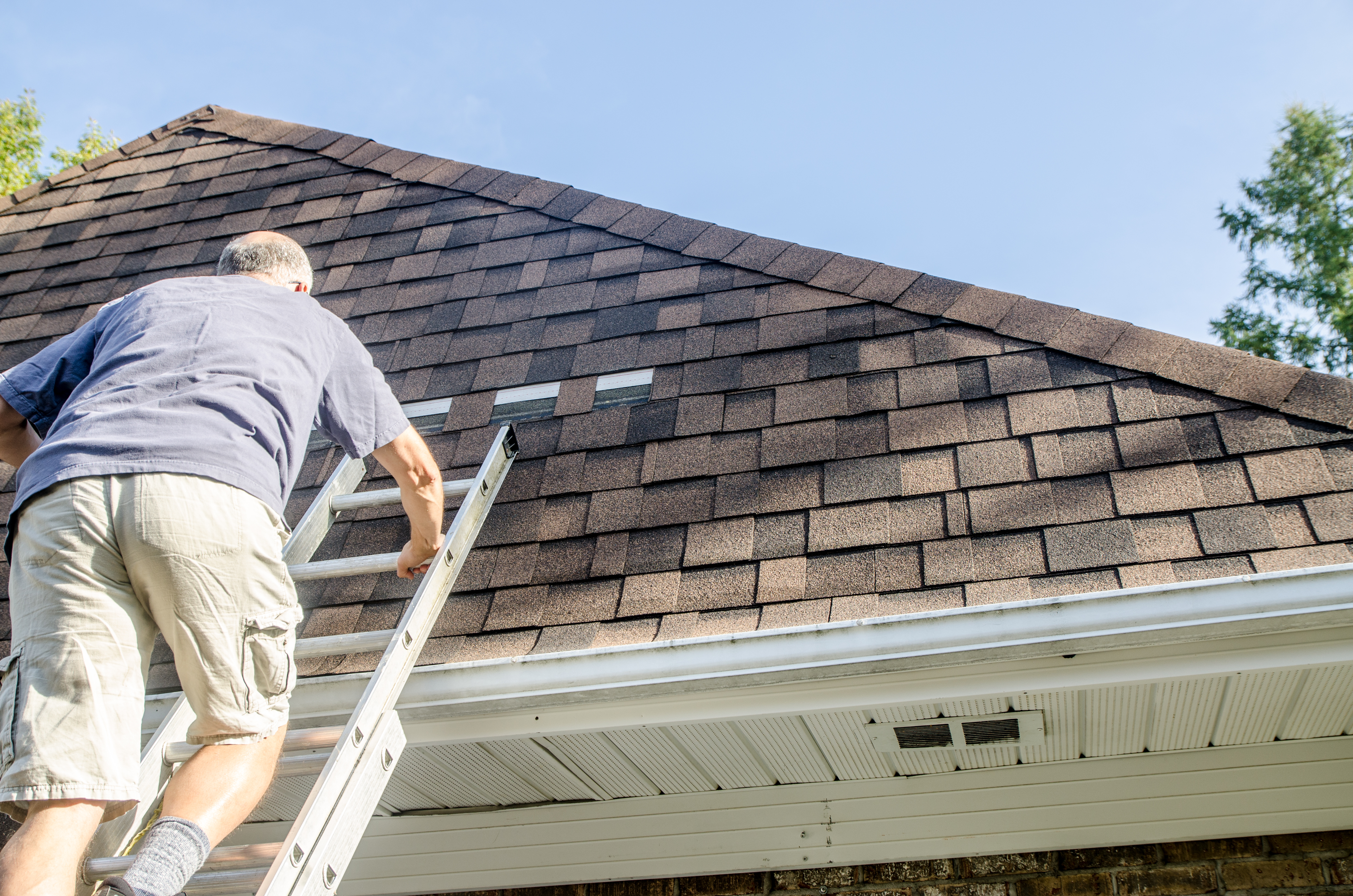 man repairing shingle on roof  