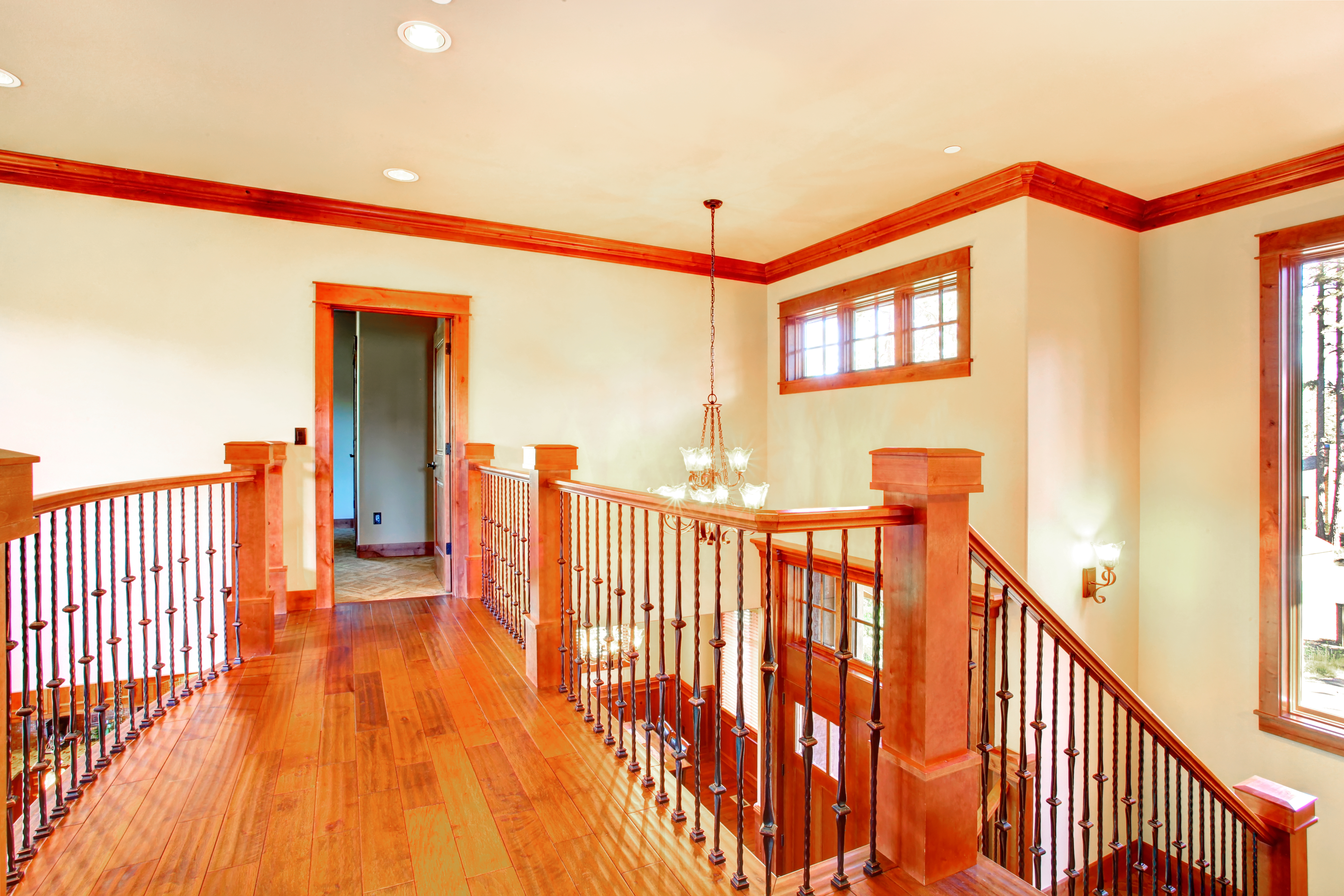 Loft with wood crown molding and an iron railing