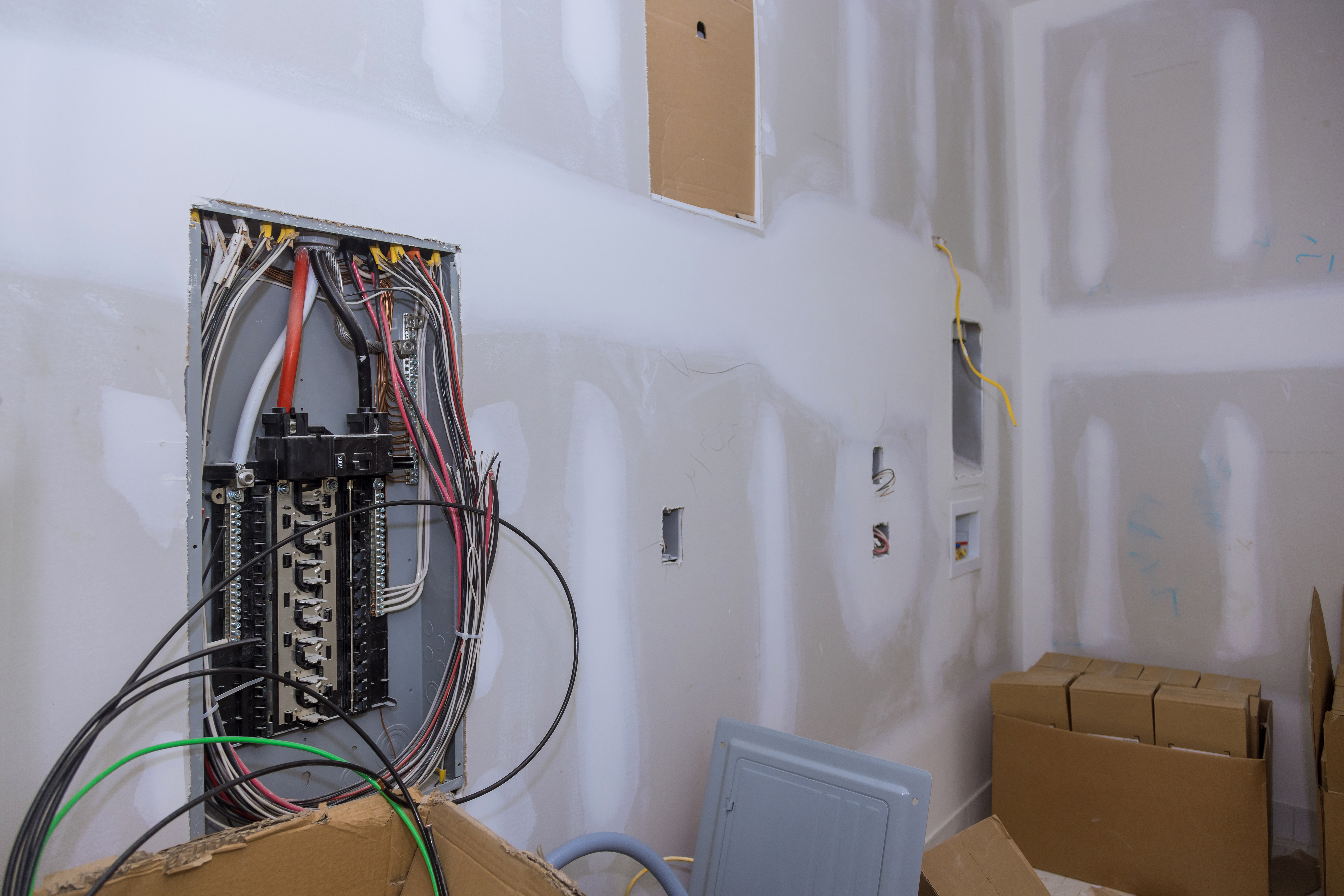 Circuit breakers and wire in control panel