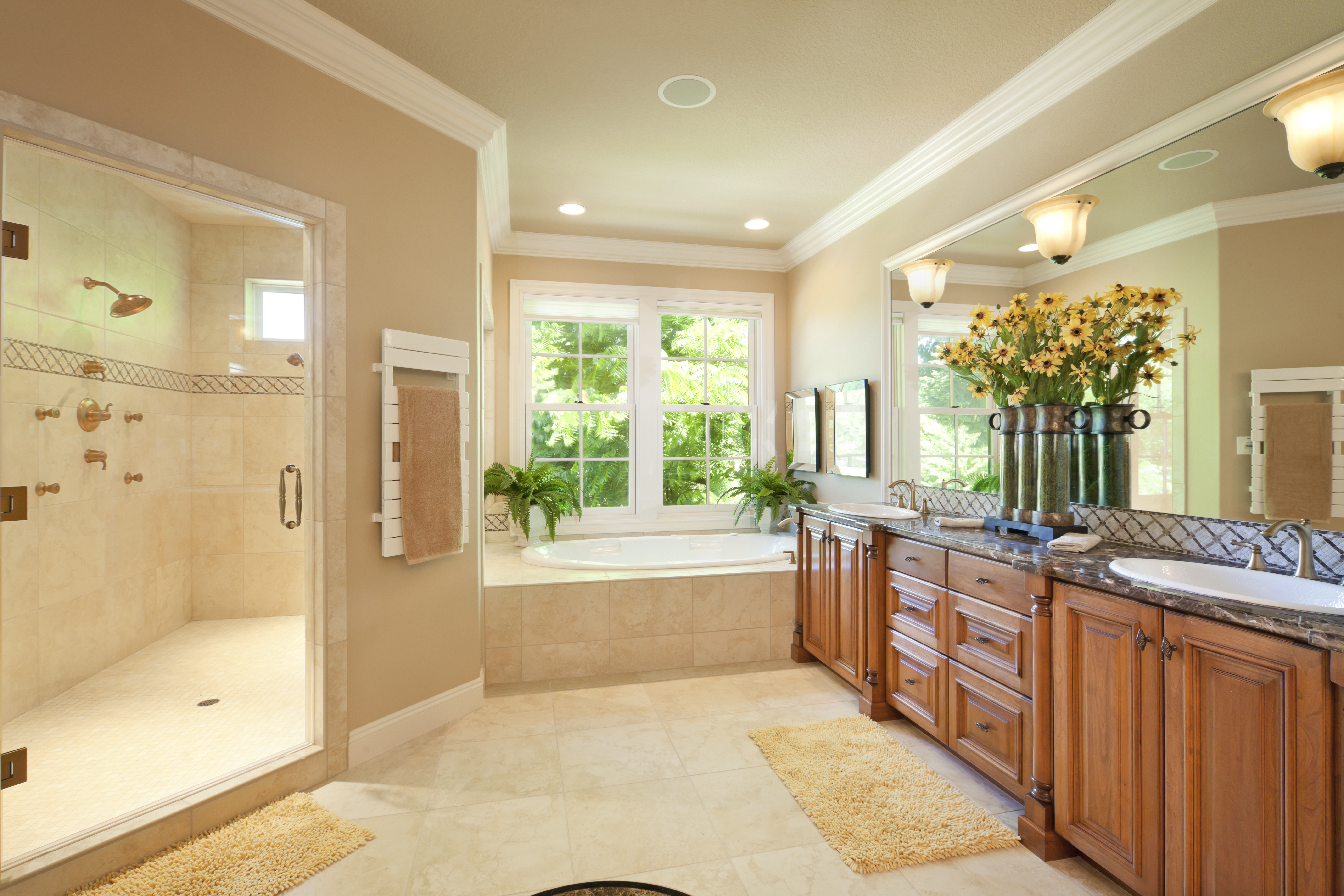 PVC crown molding installed in a luxury primary bathroom