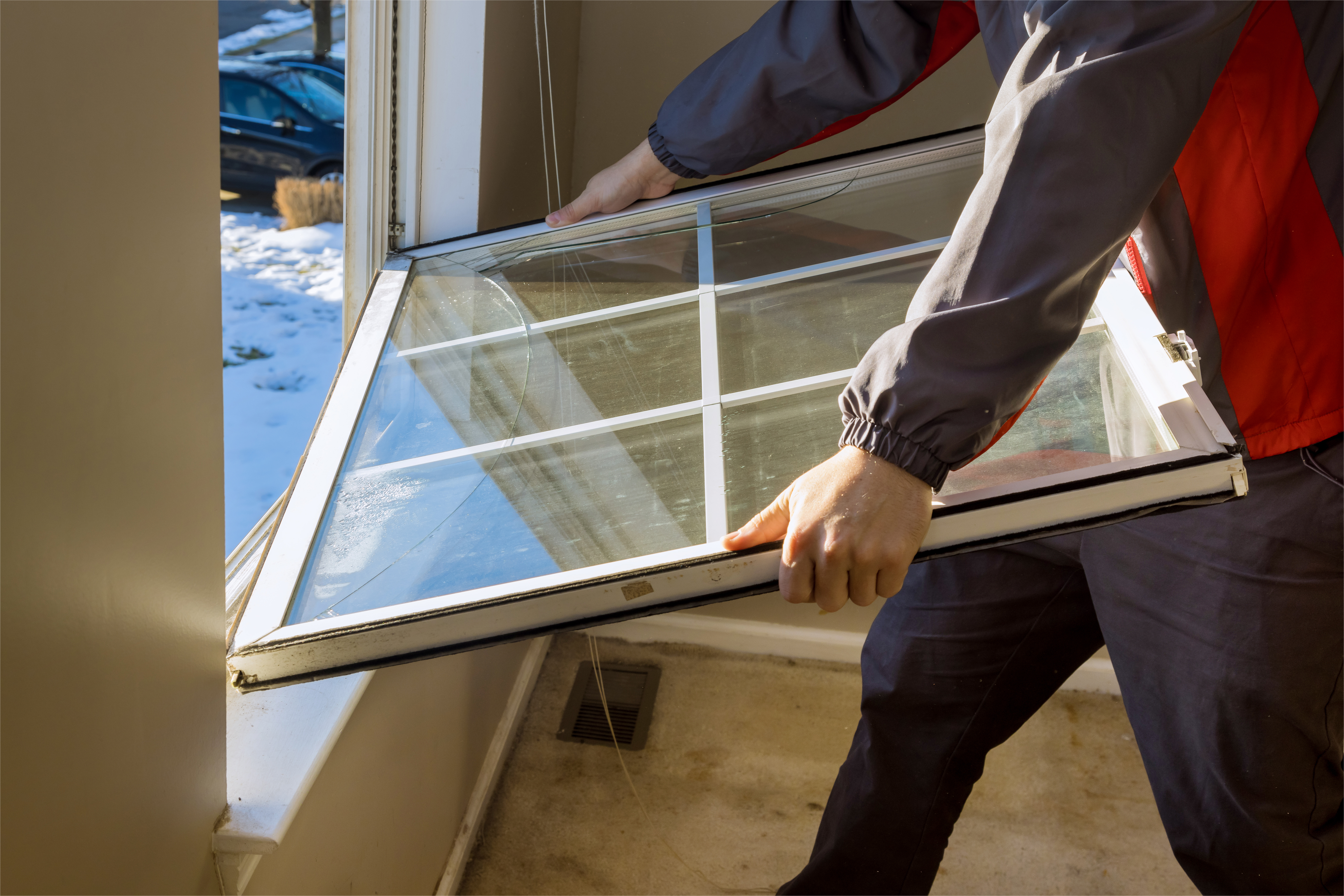 A worker installing a window 