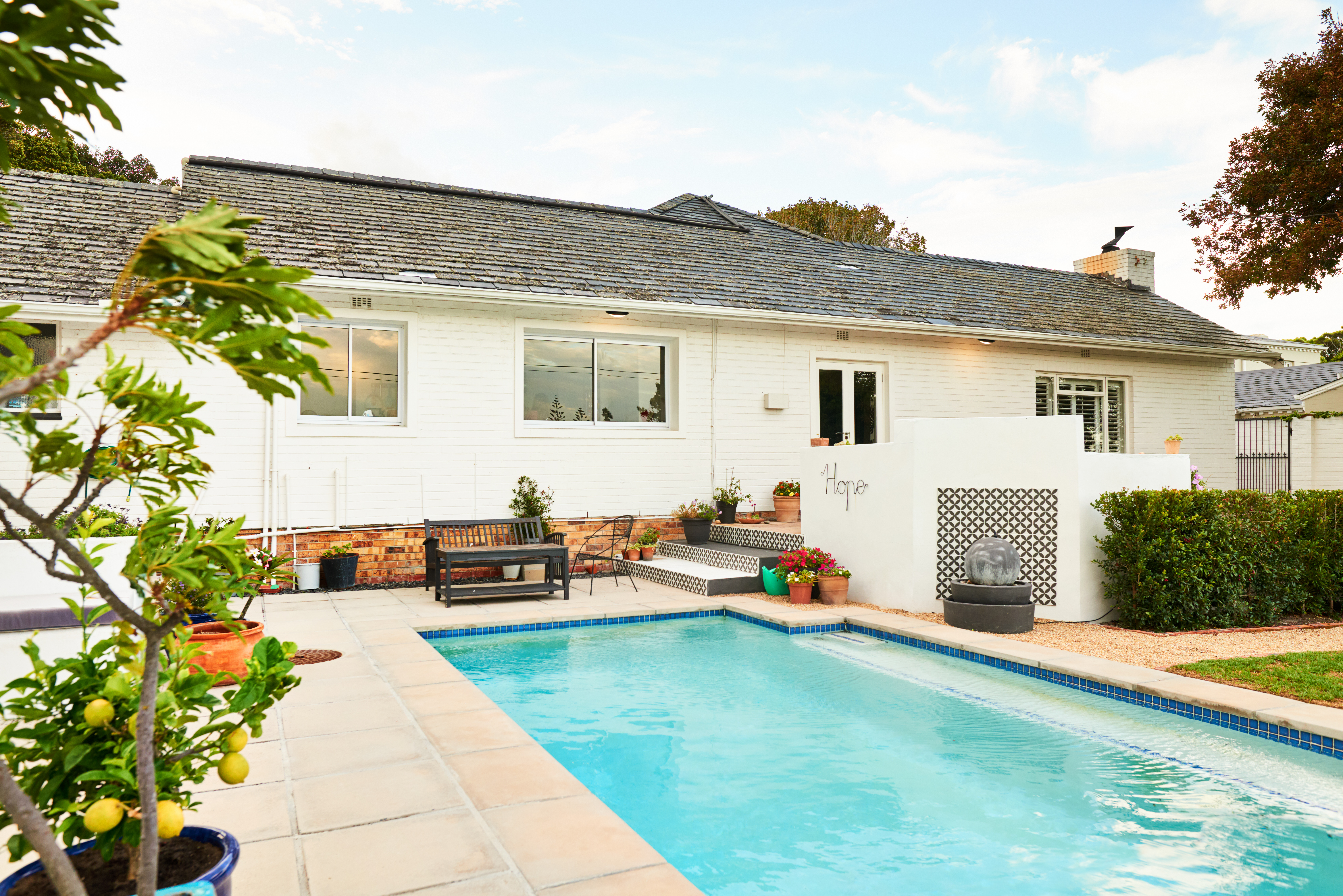 Swimming pool and patio in the backyard 