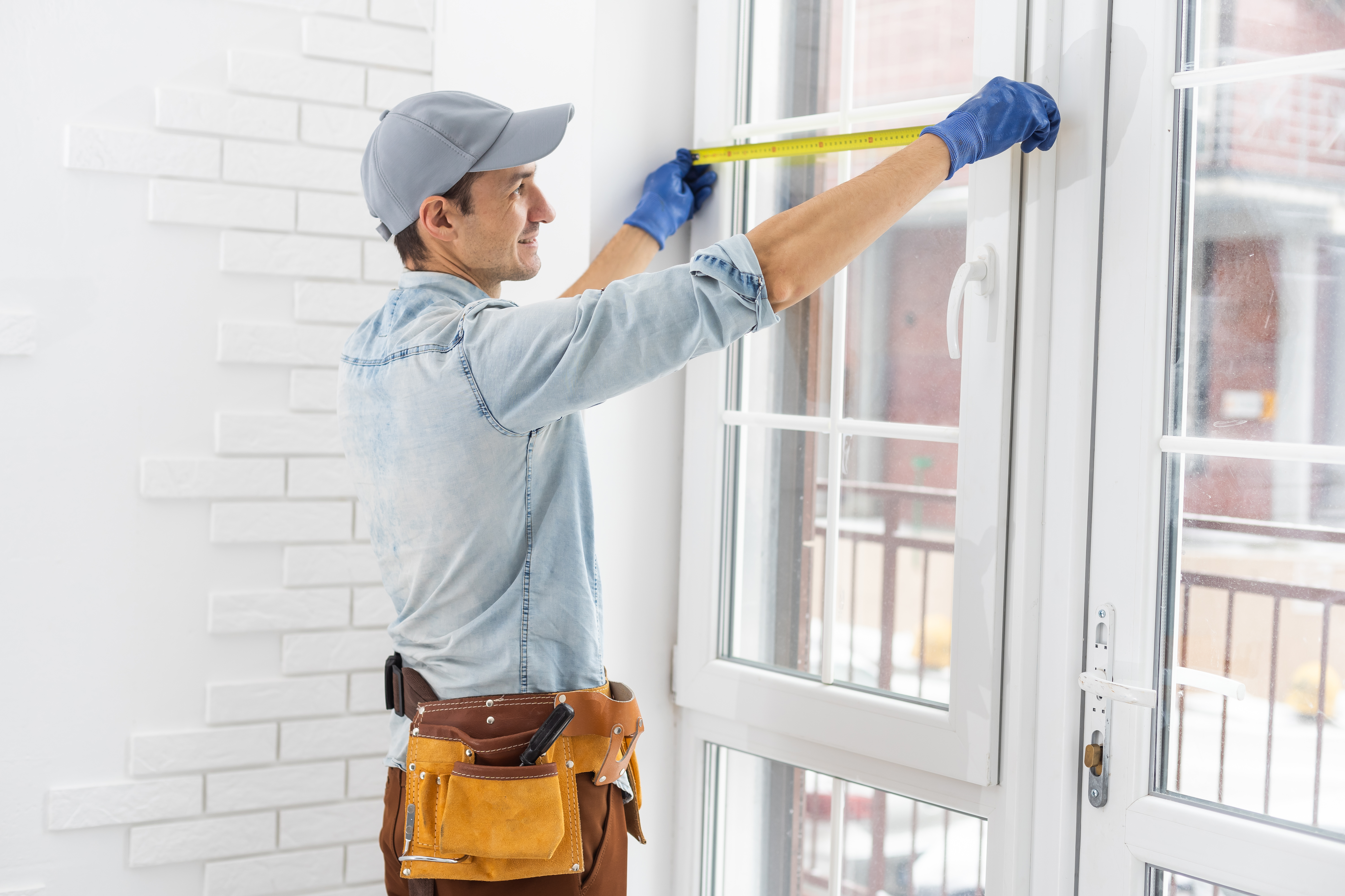 Handyperson measuring a white casement window