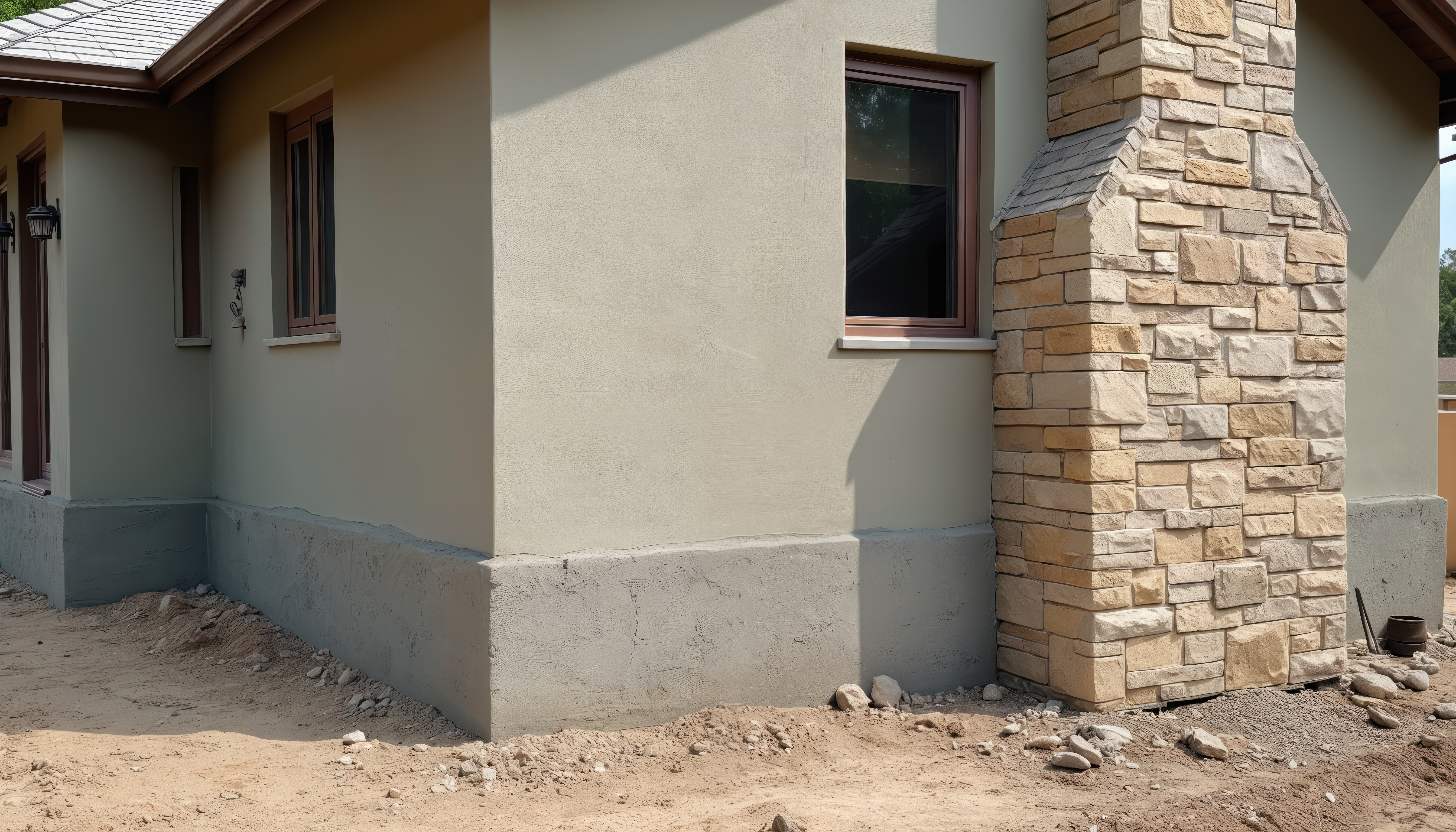 The exterior of a house wall with cement parging