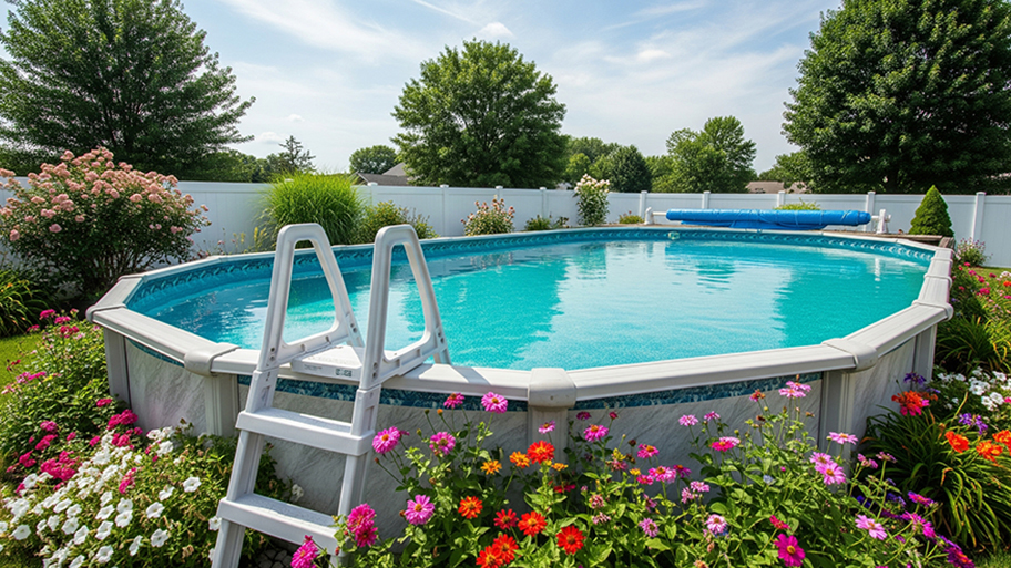An above-ground swimming pool with a ladder is surrounded by colorful flowerbeds in a lush backyard