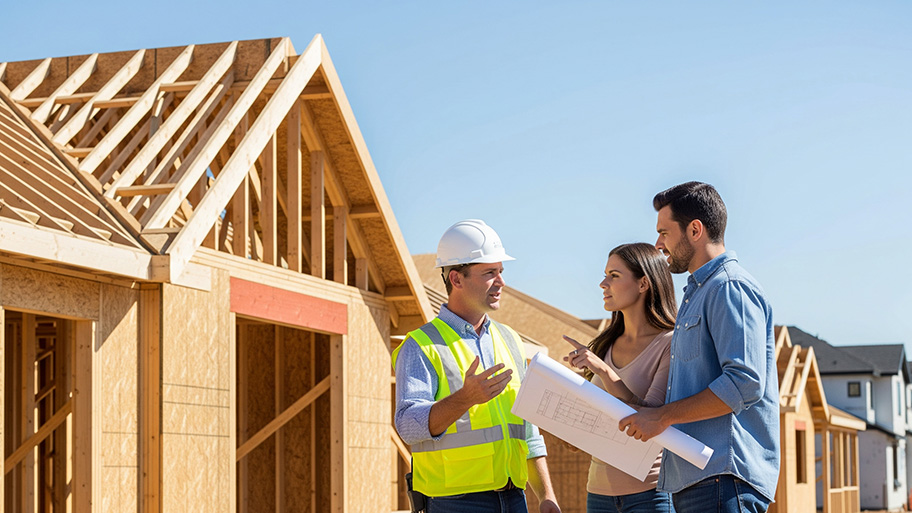 An architect in a hard hat discusses blueprints with a couple at a new home construction site.