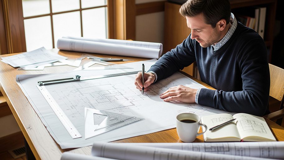 An architect sits at a sunlit desk, using drafting tools to draw on a set of blueprints.