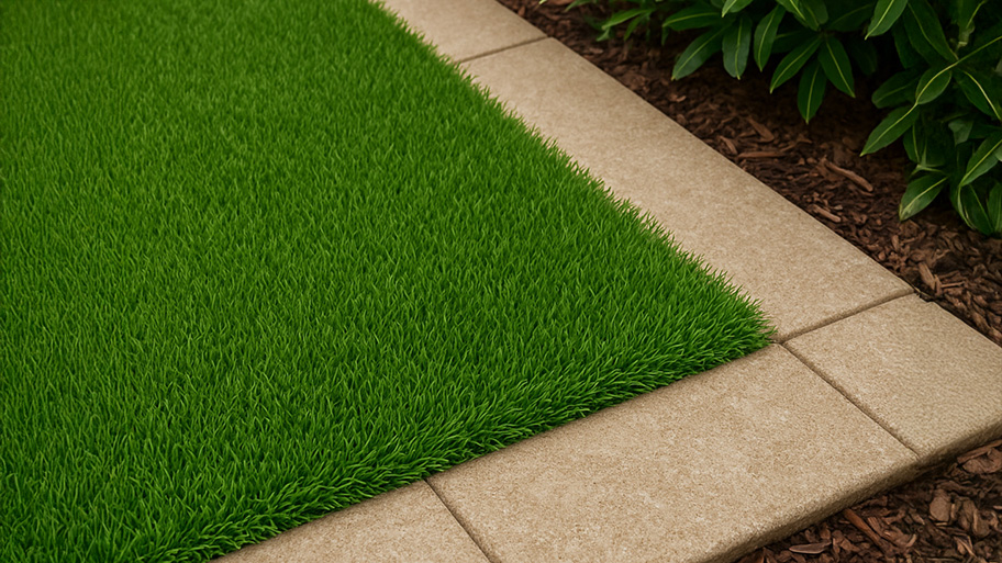 Artificial turf edged by stone pavers beside mulch and green shrubbery in a landscaped garden