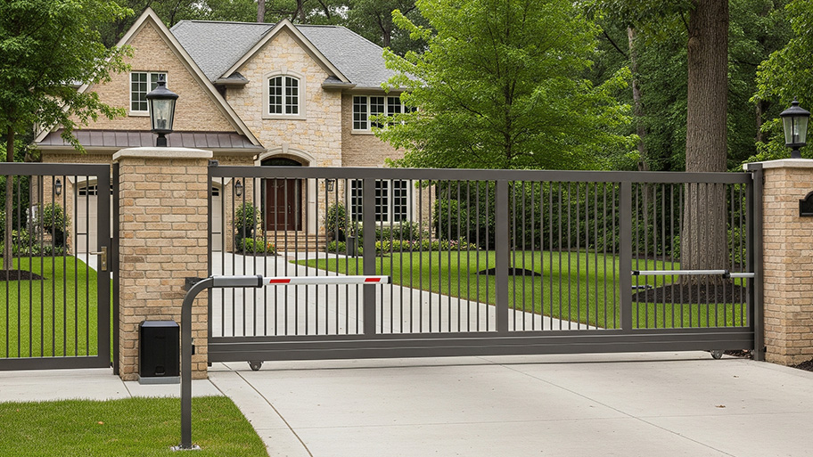 A dark metal automatic sliding gate with a barrier arm secures the driveway of a large, brick home