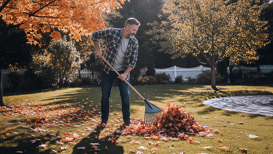 Man raking autumn leaves in a fenced yard beneath trees with fall foliage.