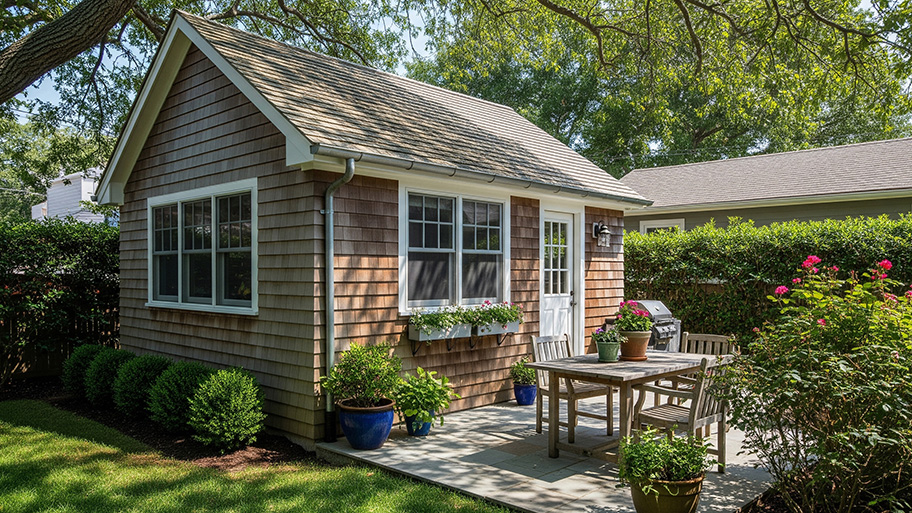 Small cedar-shingle guesthouse with white trim and a patio dining area surrounded by plants and trees.