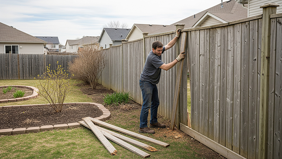A man repairs or replaces a wooden backyard fence panel, with boards on the grass nearby