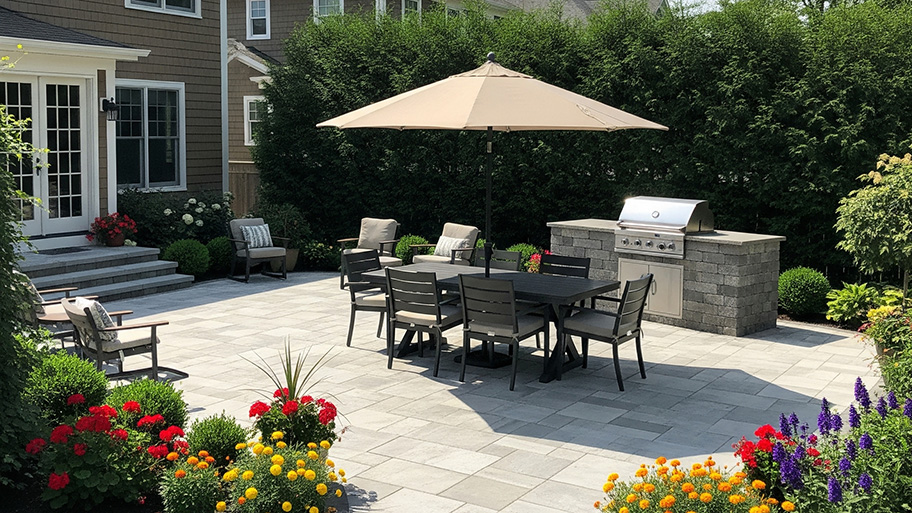 A large paver patio features a dining set under an umbrella and a built-in grill, surrounded by lush landscaping