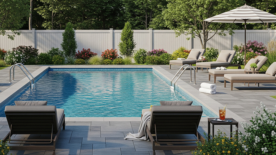 A clear blue backyard pool surrounded by lush trees, flowers, and a shaded patio area with lounge chairs