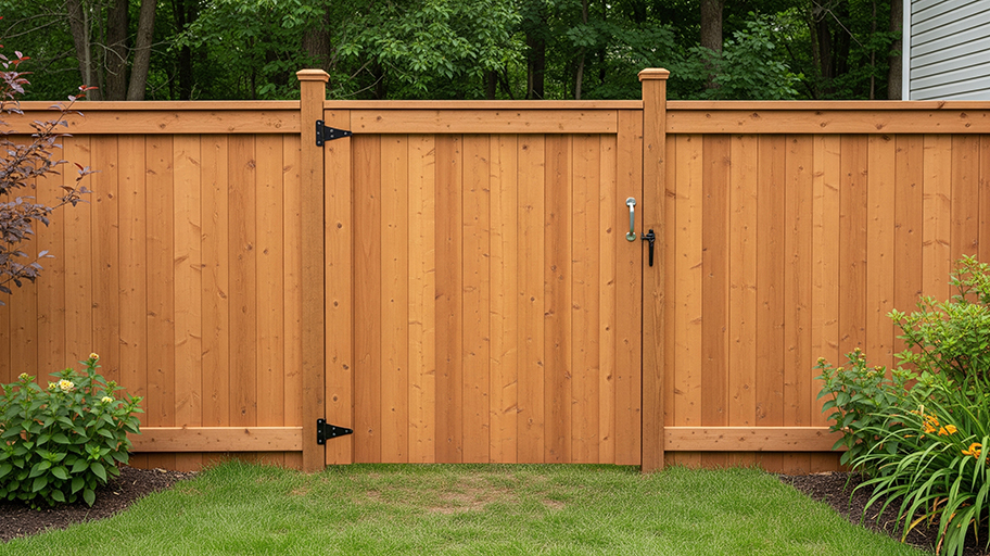 A wooden privacy fence with a secure gate sits in a landscaped backyard with green grass and surrounding plants