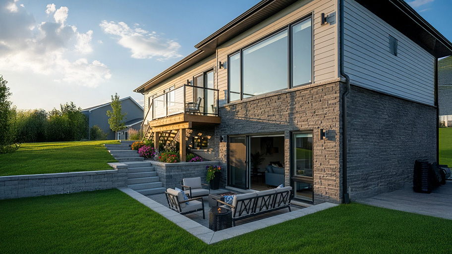 Walkout basement patio with outdoor seating, stone retaining walls, staircase, and a wood deck overlooking a green lawn
