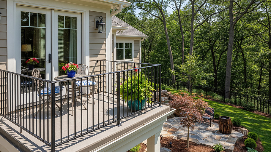 A furnished balcony with a black metal railing overlooks a landscaped backyard with a stone patio and woods