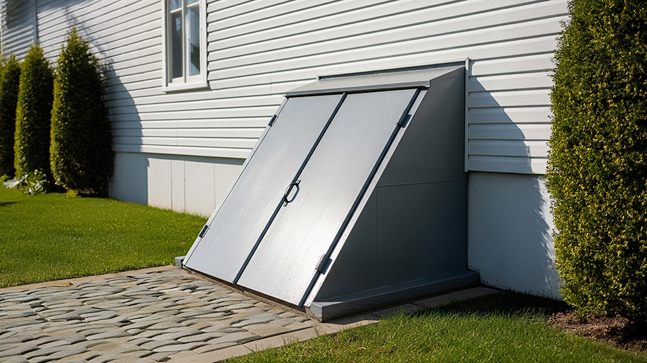A gray metal basement bulkhead door is installed against a house with white siding and a stone walkway