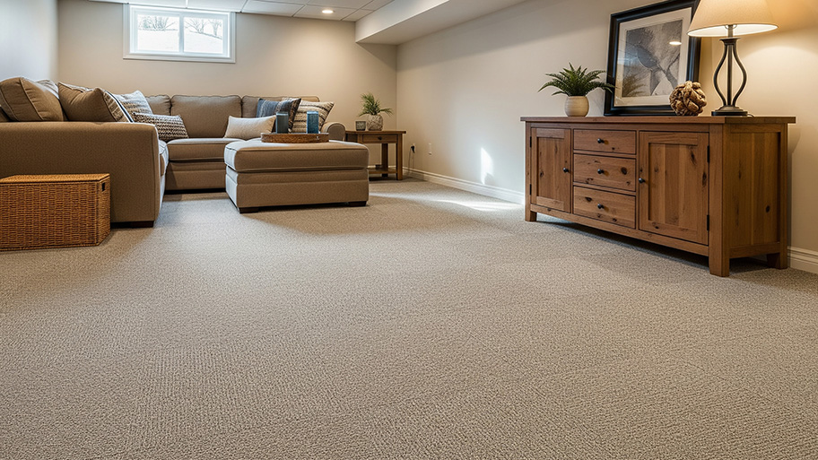 A finished basement living area features beige carpet, a sectional sofa, and a wooden sideboard