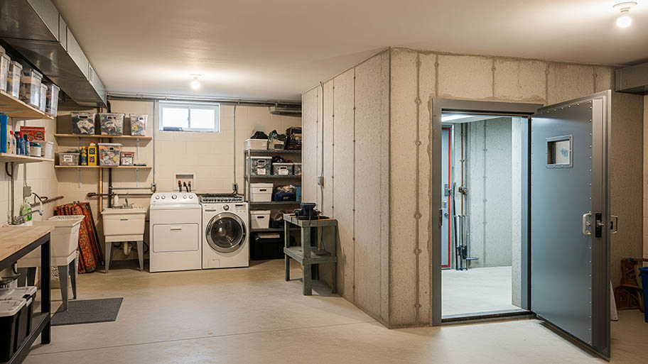 Basement laundry room with washer, dryer, utility sink, storage shelves, and an open steel storm shelter door