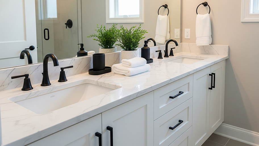 A modern white bathroom vanity features a marble countertop and two sinks with matte black faucets and fixtures