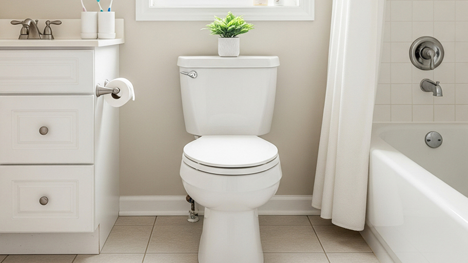A white toilet with a small plant on its tank is centered on a beige tile floor between a vanity and a bathtub