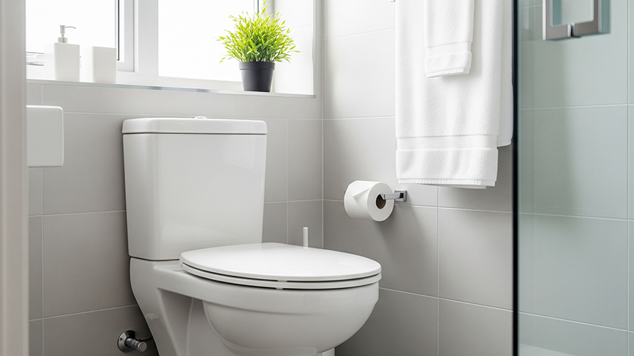 A white toilet sits under a window with a small plant in a modern bathroom with gray tile walls