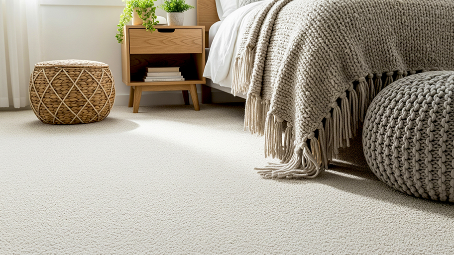 A low-angle shot of a cozy bedroom highlights the plush, light-colored carpet and soft, woven textiles