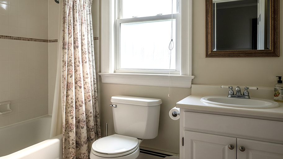 A small bathroom with a tub and floral shower curtain, a toilet under a window, and a white vanity.