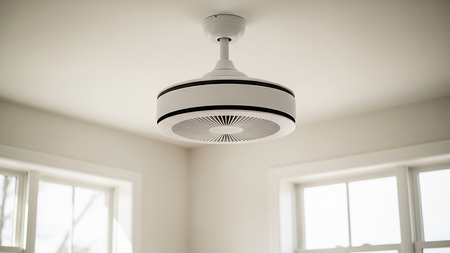 A modern, white bladeless ceiling fan with black accents is mounted on the ceiling of a bright room