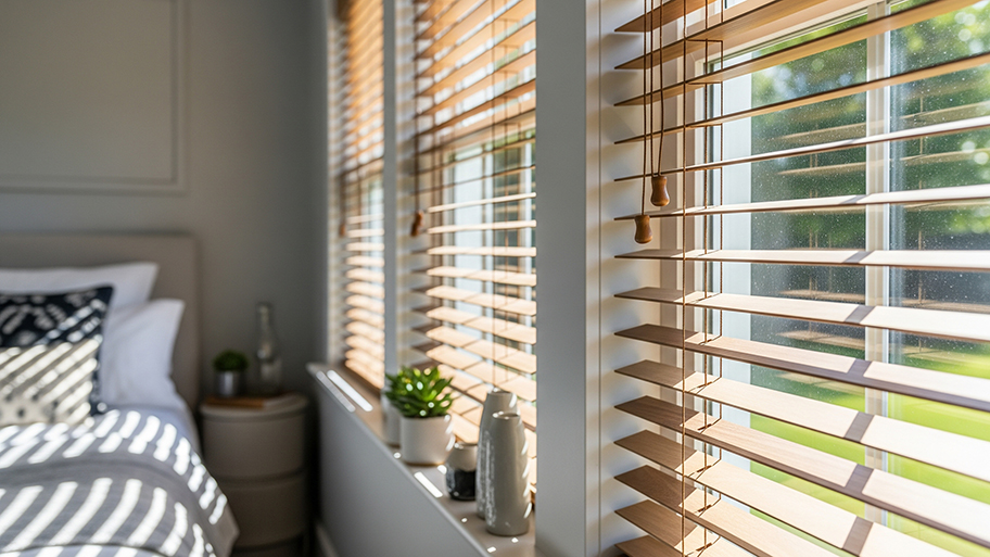 Sunlight filters through wooden blinds in a bright bedroom, casting striped shadows across the room
