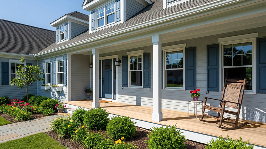 A welcoming house with gray siding features a wooden front porch, a blue door, and matching blue shutters